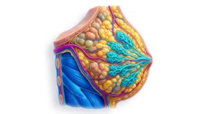 남성 가슴의 유선 조직과 지방층 구조를 나타낸 3D 의학 일러스트