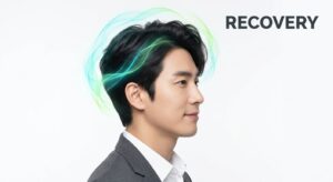 평온한 표정의 남성과 건강하게 회복된 모발의 이미지를 결합한 치료 결과 컨셉