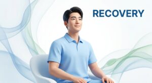 치료 후 회복과 평온함을 상징하는 남성의 모습과 케어 컨셉